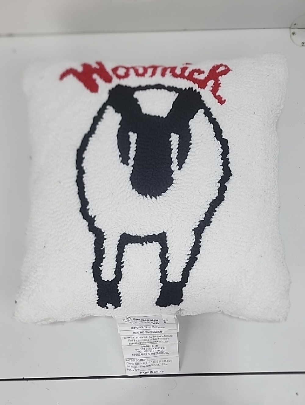 Woolrich White Sheep Graphic Hooked Pillow with Red Text